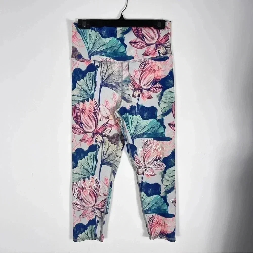 Evolution and Creation Lotus Floral Capri Leggings - Pink & Teal - Size L ❤️